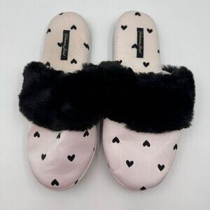 Victorias Secret Womens Satin Slippers With Hearts & Black Faux Fur - Size M